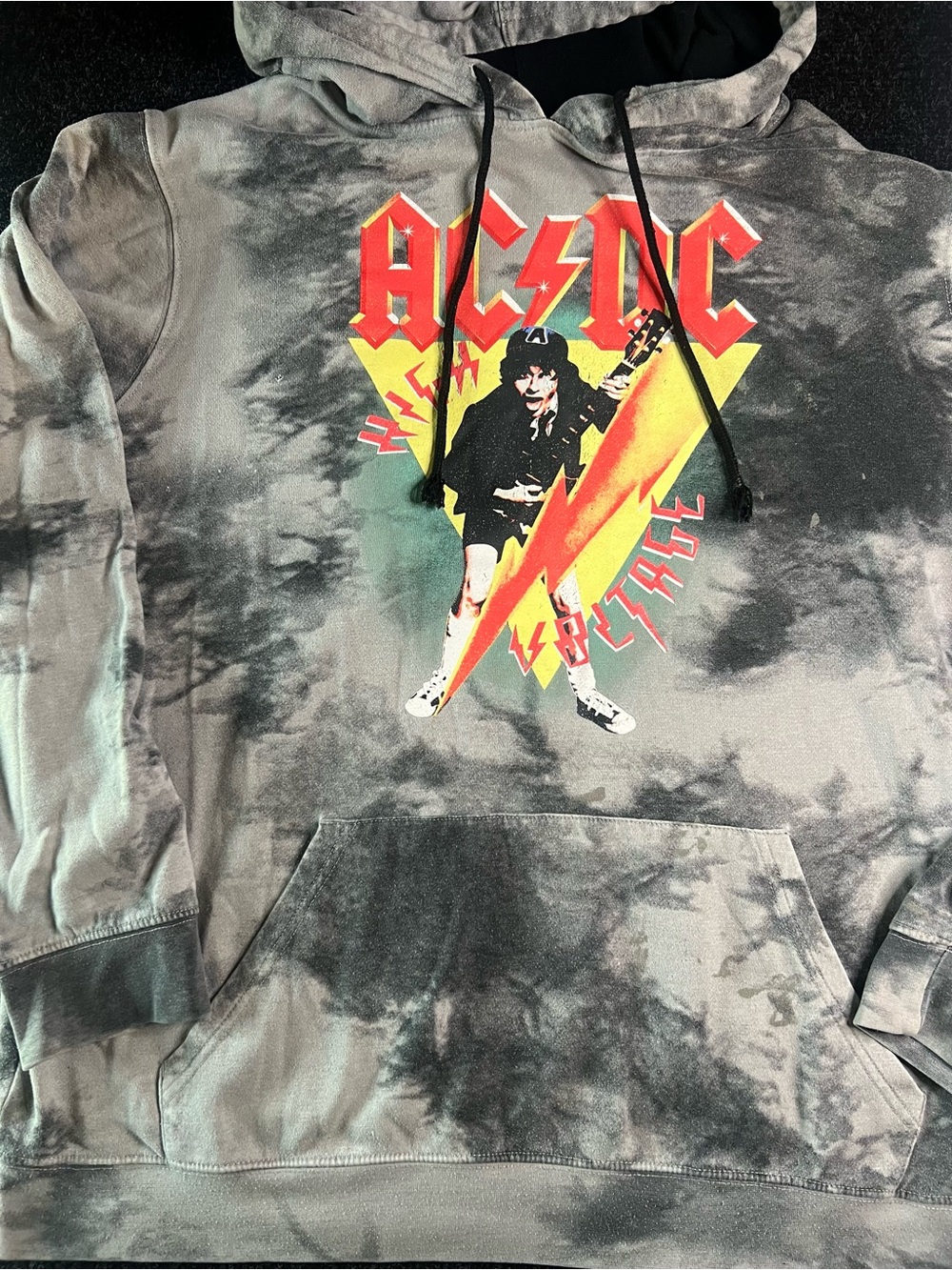 AC/DC Gray & Black Tie-Dye Hoodie with Red and Yellow Lightning Logo